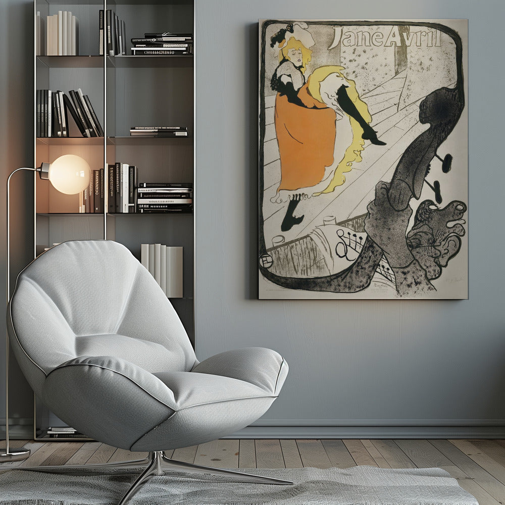 A vintage Art Nouveau poster by Henri de Toulouse-Lautrec for the dancer Jane Avril. It depicts her on a stage in a vibrant orange dress and yellow petticoat, kicking her leg high. The perspective is from the orchestra pit, with the neck of a double bass dominating the foreground. Artwork