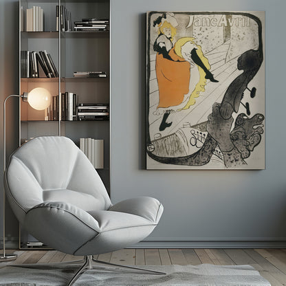 A vintage Art Nouveau poster by Henri de Toulouse-Lautrec for the dancer Jane Avril. It depicts her on a stage in a vibrant orange dress and yellow petticoat, kicking her leg high. The perspective is from the orchestra pit, with the neck of a double bass dominating the foreground. Artwork