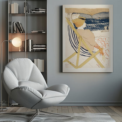 A vintage Art Nouveau print by Henri de Toulouse-Lautrec, 'The Passenger in Cabin 54', depicting a woman in a hat and beige dress, relaxing in a striped deck chair on a ship and gazing out at the deep blue ocean. Artwork