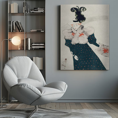 An Art Nouveau illustration of a woman in elegant finery. She wears a dark teal, red polka-dotted dress with a fluffy white fur stole and muff, both accented with red floral-like designs. Her white hat is adorned with a large, elaborate black plume. The background is a simple, light gray, emphasizing her fashionable silhouette. Artwork