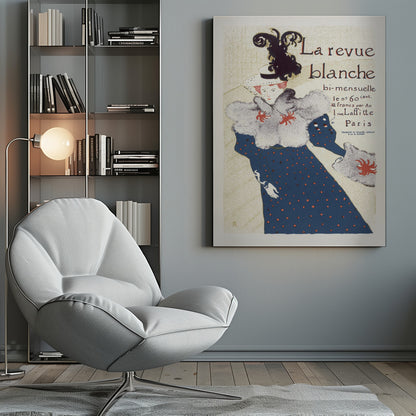 A vintage French poster for 'La revue blanche' by Toulouse-Lautrec. The Art Nouveau illustration features a stylish woman in a blue dress with red polka dots, a large grey fur stole, and a white hat with a prominent black feather plume against a cream background with text. Print