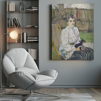 An impressionistic painting of a woman with her hair styled up, wearing a white polka-dot dress, sitting in a garden chair and holding a small black dog on her lap. Behind her is a tall wooden fence and trees. Print