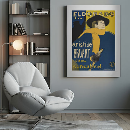 A vintage French poster by Henri de Toulouse-Lautrec for the Eldorado cabaret, featuring singer Aristide Bruant. He is depicted wearing a large black hat, a flowing yellow scarf, and a deep blue cloak, looking over his shoulder against a bold blue and yellow background. Print
