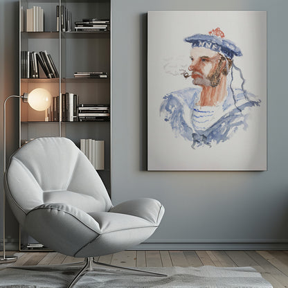 A watercolor portrait of a bearded sailor in profile, wearing a blue hat with a red pom-pom and a blue and white striped shirt. He is smoking a pipe, with wisps of smoke floating away, all set against a white background and enclosed in a black frame. Print