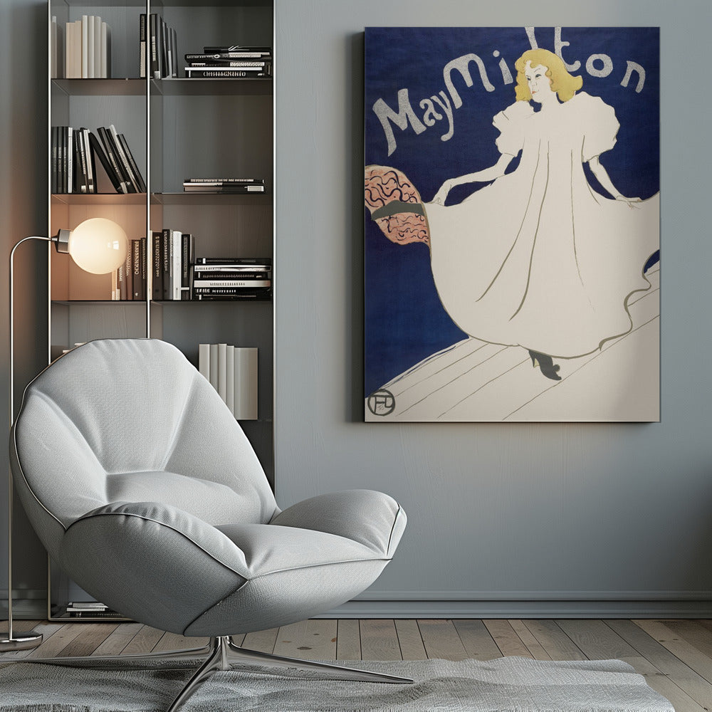 An Art Nouveau poster by Henri de Toulouse-Lautrec for the dancer May Milton. A blonde woman in a voluminous white dress stands on a stage against a deep blue background, looking back at the viewer. She lifts her skirt to reveal a pink and black lining. The name 'May Milton' is written in a stylized silver font. Wall Art