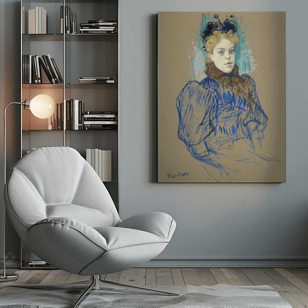 A portrait sketch by Henri de Toulouse-Lautrec of a woman with curly blonde hair and a black hat. She wears a blue dress with large sleeves and a brown fur collar, rendered in expressive pastel strokes on tan paper. Wall Art