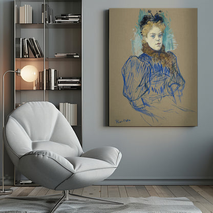 A portrait sketch by Henri de Toulouse-Lautrec of a woman with curly blonde hair and a black hat. She wears a blue dress with large sleeves and a brown fur collar, rendered in expressive pastel strokes on tan paper. Wall Art