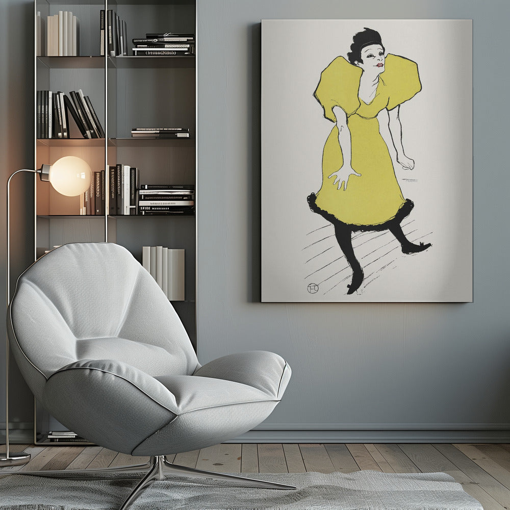 A vintage poster by Henri de Toulouse-Lautrec titled 'Yvette Guilbert', featuring a stylized illustration of the French singer. She is depicted wearing a bright yellow dress with voluminous puff sleeves and black stockings, leaning forward with a whimsical expression against a plain off-white background. The artwork is framed in black. Poster
