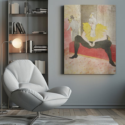 A vintage artwork by Henri de Toulouse-Lautrec featuring a female clown, Mademoiselle Cha-u-kao, seated on a red bench. She wears a vibrant yellow ruffled collar and black leggings, with a pensive expression on her face. The background depicts a bustling cabaret scene. Artwork