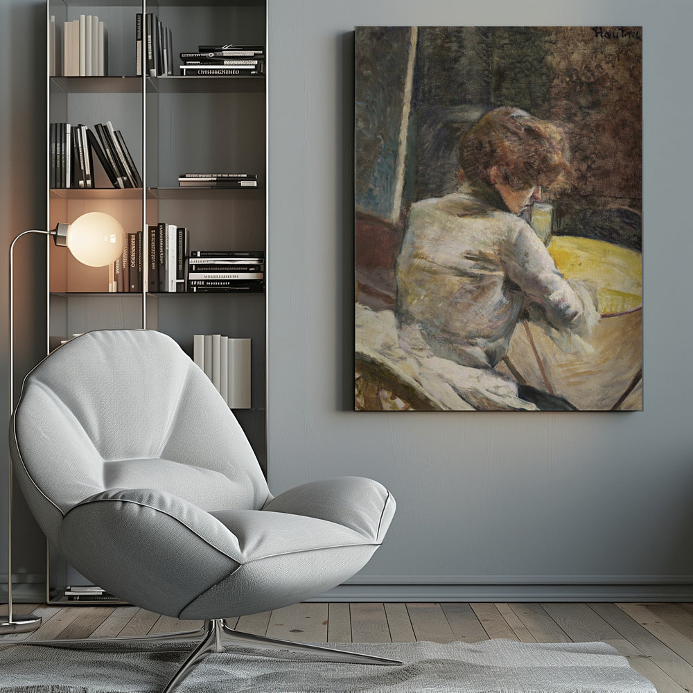 An oil painting in a Post-Impressionist style depicting a woman with reddish-brown hair, seen from behind. She is wearing a white blouse and is seated at a yellow table, leaning forward to look at her drink. The background is dark and textured, and the artist's signature is in the top right. Wall Art