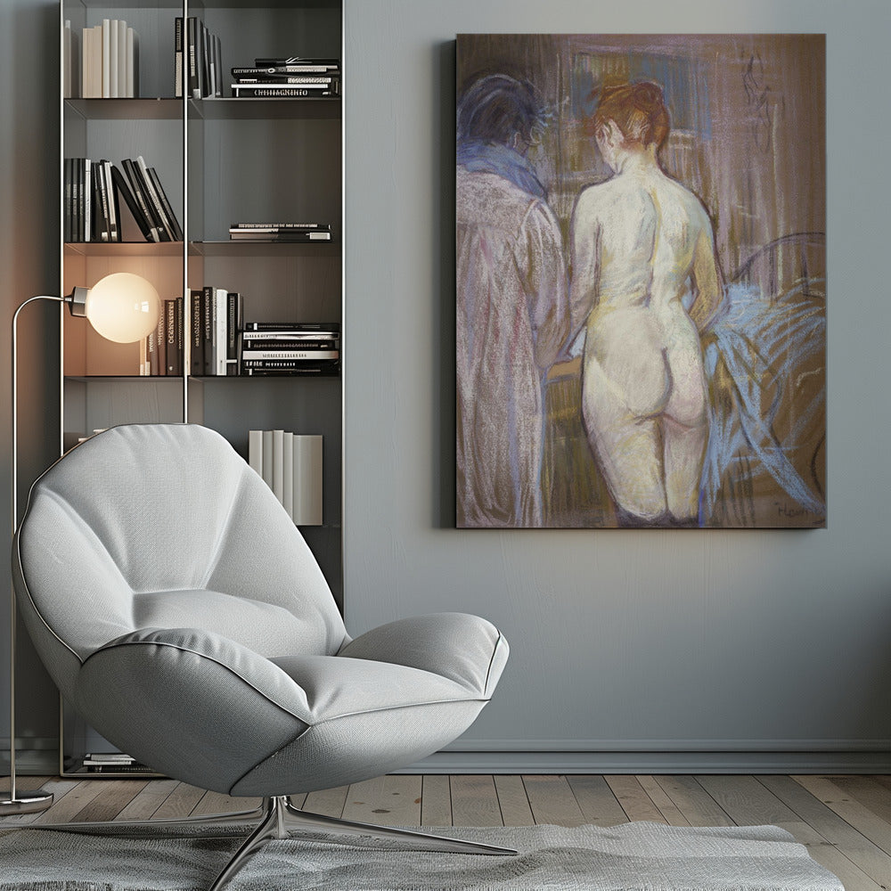 A pastel artwork by Henri de Toulouse-Lautrec, 'Rousse (La Toilette)', depicting a nude woman with red hair from the back. Beside her stands a clothed figure. The scene is rendered in soft, blended strokes of brown, beige, pink, and blue, creating an intimate, impressionistic atmosphere. Wall Art