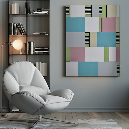 An abstract geometric artwork featuring a collage of rectangular blocks in pastel shades of blue, pink, grey, green, and white, with sections of black and white horizontal stripes, all enclosed in a thin black frame. Decor