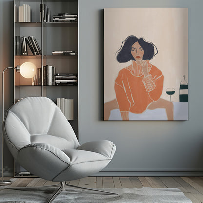 A stylized illustration of a woman with dark wavy hair and red lips, wearing an oversized orange turtleneck sweater. She sits at a light blue table, gazing forward with one hand near her chin. Beside her are a glass and a bottle of wine. The background is a solid cream color. Decor