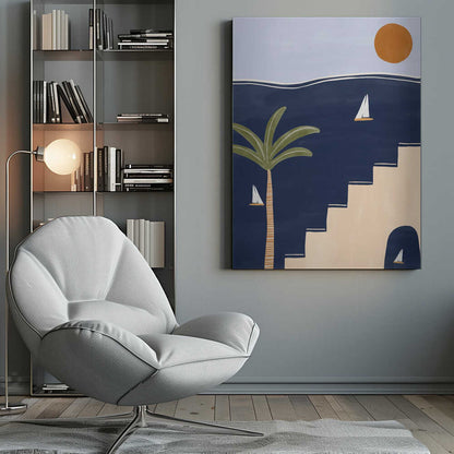Abstract coastal art with sailboats on a dark blue sea, a palm tree, and beige stairs under a warm sun.