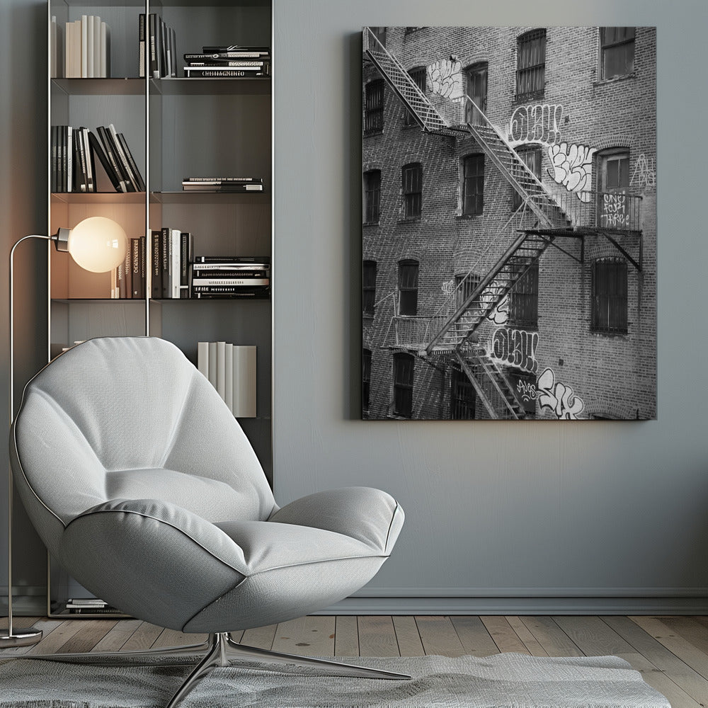 A black and white photograph of a brick apartment building with a prominent metal fire escape zigzagging across its facade. The walls are adorned with various styles of graffiti, and the windows are covered with bars, creating a gritty, urban scene. Decor
