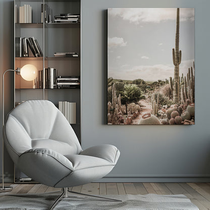 A vertical photograph of a dense cactus garden under a pale, partly cloudy sky. A tall saguaro cactus dominates the right side of the frame, while a dirt path winds through various species of cacti, including barrel cacti in the foreground. The image has a soft, muted, and slightly vintage color palette. Decor