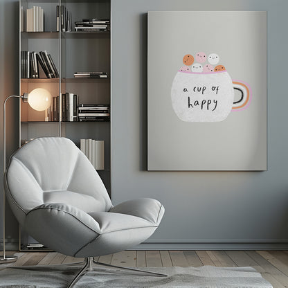 A cute art print of a white, textured mug on a light grey background. The mug is filled with smiling pink, white, and orange marshmallow-like characters. The phrase 'a cup of happy' is written on the front in a black handwritten font. The handle of the mug is decorated with rainbow stripes. Print