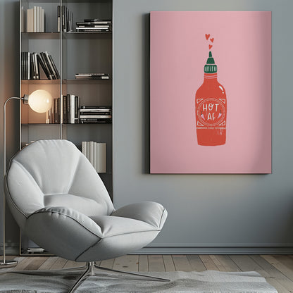 A graphic illustration of a red hot sauce bottle with a green cap on a pink background. The label on the bottle humorously reads 'HOT AF'. Three small red hearts float up from the nozzle, all enclosed within a thin black frame. Wall Art