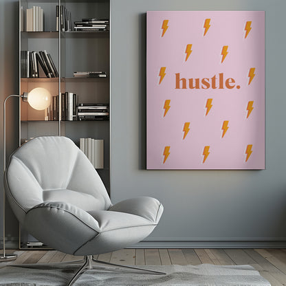 A motivational poster with the word 'hustle.' in a bold orange font against a light pink background patterned with small orange and white lightning bolts, all within a black frame. Poster