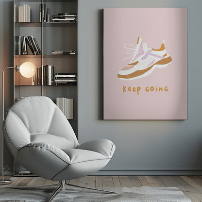 A motivational poster with a light pink background featuring an illustration of a chunky sneaker in white, brown, and purple. Below the shoe, the phrase 'Keep Going' is written in a casual, mustard-colored font. Poster