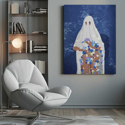 An illustration of a person with brown skin wearing a white ghost sheet against a deep blue, textured background. Their eyes peek through holes in the sheet, and their arms and legs are adorned with a cascade of blue, purple, and white flowers. Wall Art