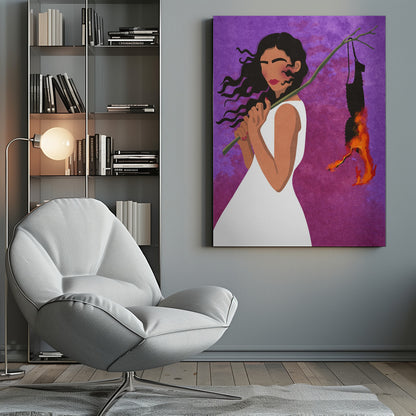 A graphic illustration of a woman with long, dark hair in a white dress, set against a vibrant purple background. She holds a branch over her shoulder from which a black object, possibly a bra, hangs and burns with bright orange flames. Artwork