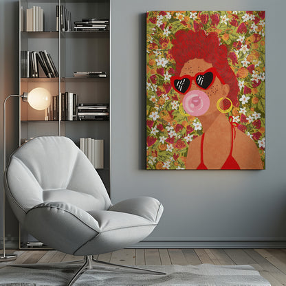A vibrant pop art illustration of a woman with curly red hair, wearing red heart-shaped sunglasses and a matching bikini. She is blowing a pink bubblegum bubble against a busy background of strawberries and white flowers. Poster