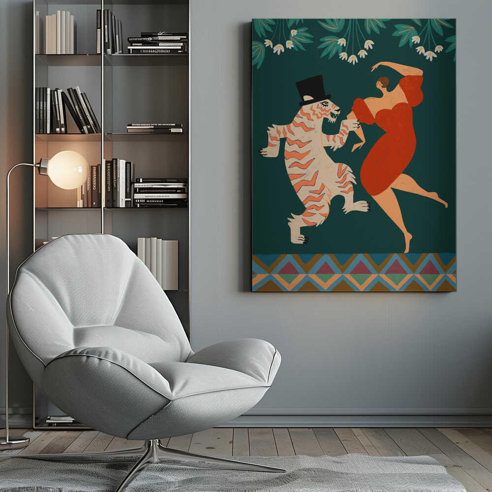 A whimsical illustration of a woman in a flowing red dress dancing with a cartoonish tiger wearing a black top hat. The background is a solid dark green with stylized white flowers and leaves at the top, and a colorful geometric pattern at the bottom. Artwork