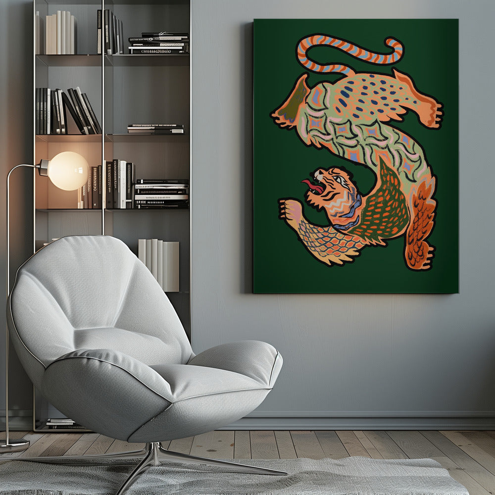 A vibrantly colored, stylized illustration of a winged, serpentine tiger forming the shape of the letter 'S' on a dark green background. The creature is decorated with intricate patterns in orange, green, and blue and has a roaring tiger head at its base. Print