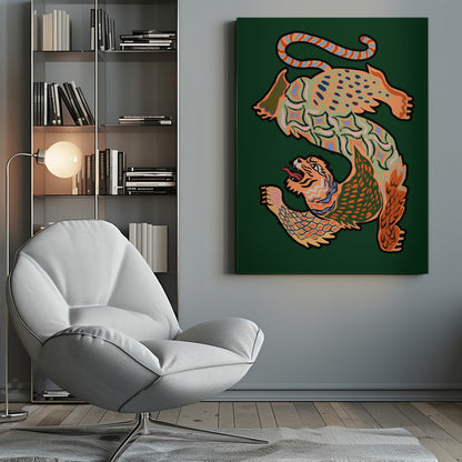 A vibrantly colored, stylized illustration of a winged, serpentine tiger forming the shape of the letter 'S' on a dark green background. The creature is decorated with intricate patterns in orange, green, and blue and has a roaring tiger head at its base. Print