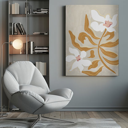 A modern, stylized illustration of two large white flowers with pink centers and numerous ochre-brown leaves on a textured, light beige background, enclosed in a black frame. Poster