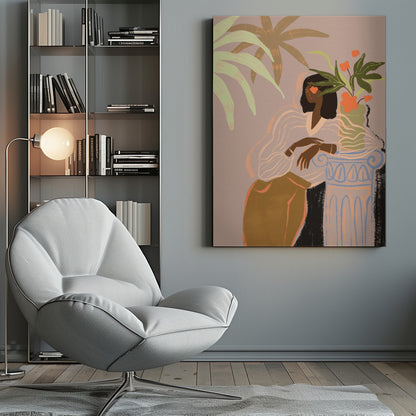 A stylized illustration of a Black woman with an orange flower over one eye, wearing a sheer white blouse and brown skirt, leaning against a classical column holding a vase of flowers, surrounded by tropical leaves against a muted pink background. Print