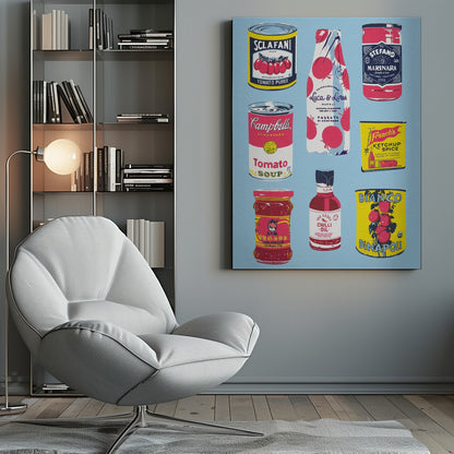 An illustrated art print featuring nine different vintage-style tomato products arranged in a grid on a light blue background. Products include Campbell's Tomato Soup, Sclafani Tomato Puree, and various other sauces, oils, and canned tomatoes. Artwork