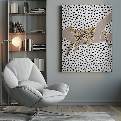 A graphic illustration of a spotted leopard sleeping on a smooth, tan tree branch. The entire background is a pattern of irregular black polka dots on a white field, creating a bold, modern aesthetic. Artwork