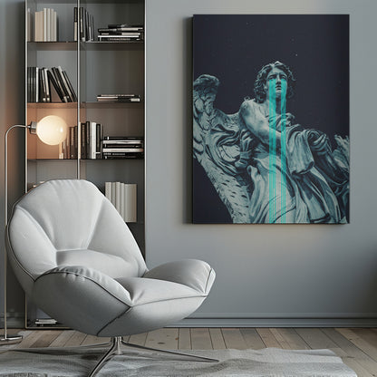 A low-angle shot of a grey stone statue of a weeping angel against a dark starry sky. Bright, stylized turquoise lines stream down from the angel's eyes, dripping over its body in a modern, graphic representation of tears. Poster