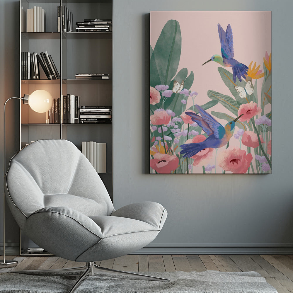 A vibrant illustration of two blue hummingbirds flying amongst pink poppies, lavender flowers, and large green tropical leaves against a soft pink background. Two white butterflies flutter nearby, creating a lively and colorful nature scene. Artwork