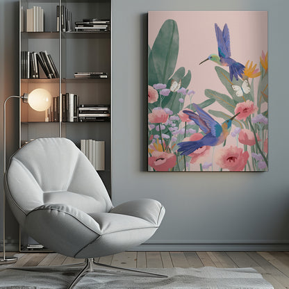 A vibrant illustration of two blue hummingbirds flying amongst pink poppies, lavender flowers, and large green tropical leaves against a soft pink background. Two white butterflies flutter nearby, creating a lively and colorful nature scene. Artwork