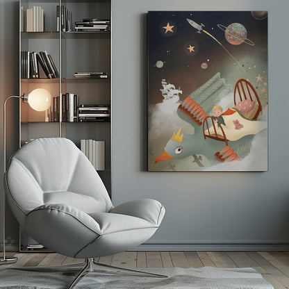 A whimsical children's illustration of a young boy in pajamas standing on his bed, which is being carried through a magical night sky by a giant, crowned bird. The background is filled with stars, planets, a rocket ship, and a pirate ship floating on clouds, creating a dreamy and adventurous scene. Poster