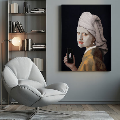 A humorous modern parody of Vermeer's 'Girl with a Pearl Earring,' where the subject wears a white clay face mask and a towel wrapped around her head, looking over her shoulder while holding a smartphone displaying the TikTok app. Decor