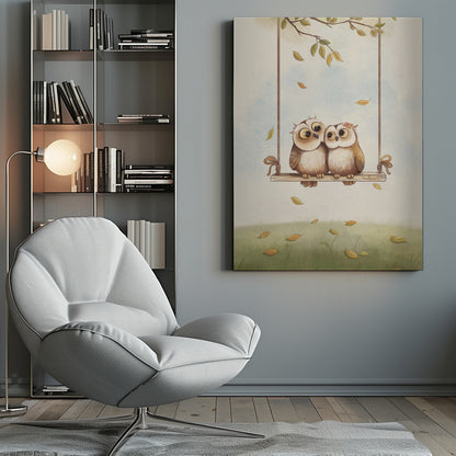 A charming vertical illustration of two cute cartoon owls, a couple, sitting together on a wooden swing hanging from a tree branch. Autumn leaves fall around them against a soft sky and a green grassy field. Artwork