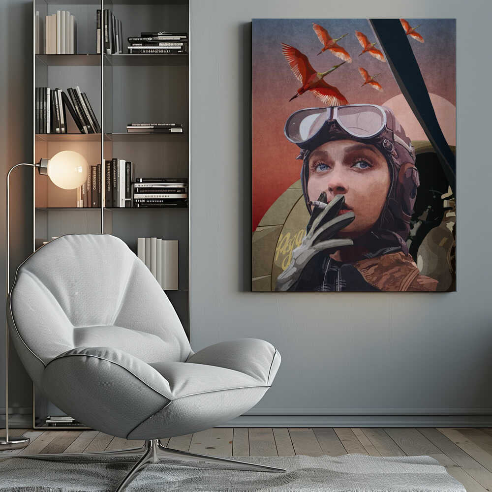 A framed vintage-style illustration of a female aviator with striking blue eyes, wearing a leather helmet and goggles. She holds a cigarette to her lips while looking up at a flock of bright red birds flying across a reddish-pink sky. Wall Art
