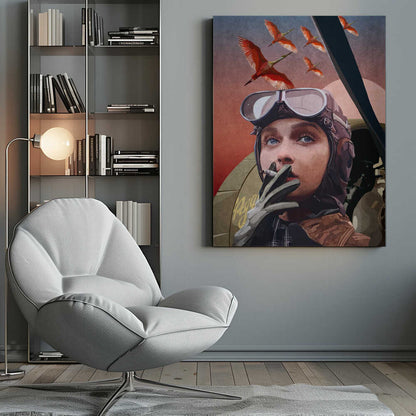 A framed vintage-style illustration of a female aviator with striking blue eyes, wearing a leather helmet and goggles. She holds a cigarette to her lips while looking up at a flock of bright red birds flying across a reddish-pink sky. Wall Art