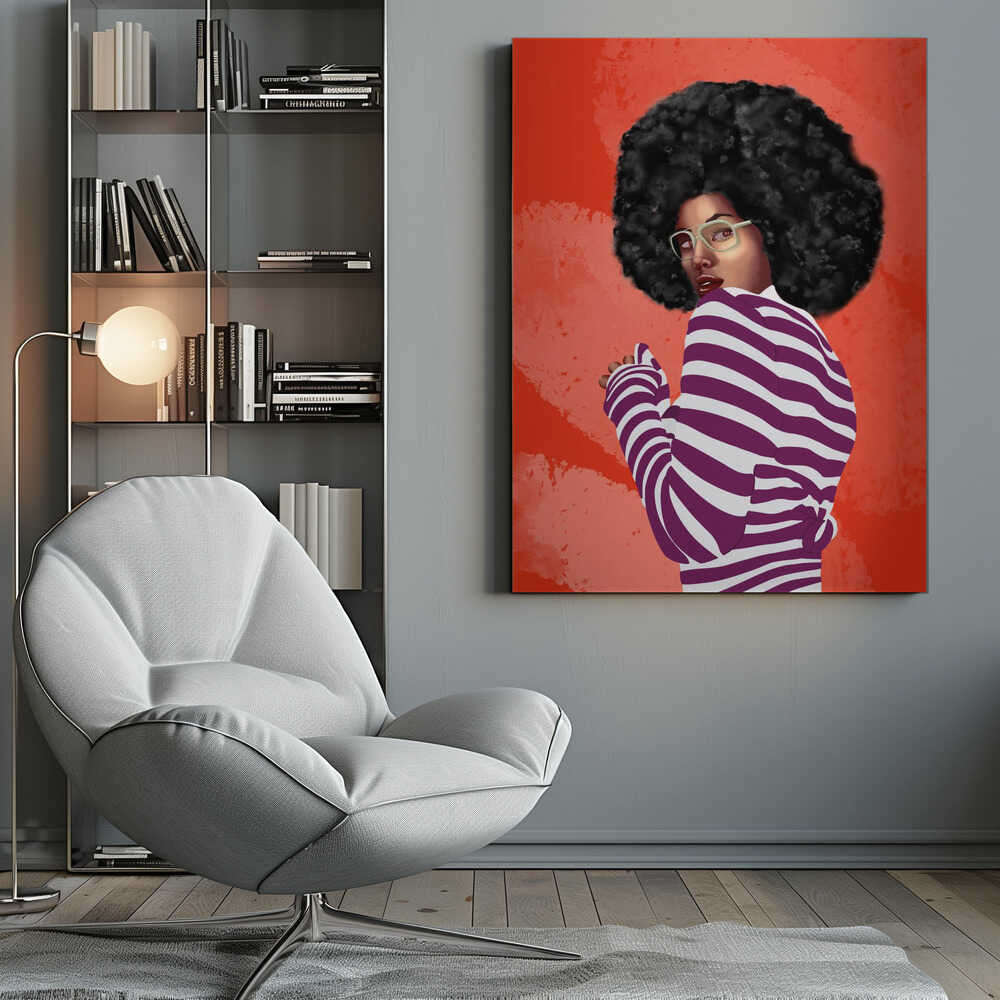 A digital illustration of a Black woman with a large afro, looking back over her shoulder. She wears white glasses and a purple and white striped shirt against a vibrant, textured red background. Artwork