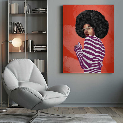 A digital illustration of a Black woman with a large afro, looking back over her shoulder. She wears white glasses and a purple and white striped shirt against a vibrant, textured red background. Artwork