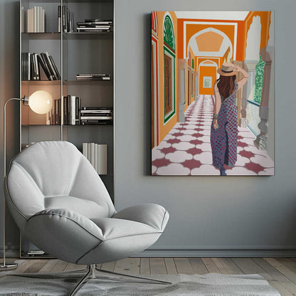 A stylized illustration of a woman from behind, wearing a fedora and a long patterned dress, as she walks down a vibrant orange arched hallway with a decorative cloud-patterned floor. Poster