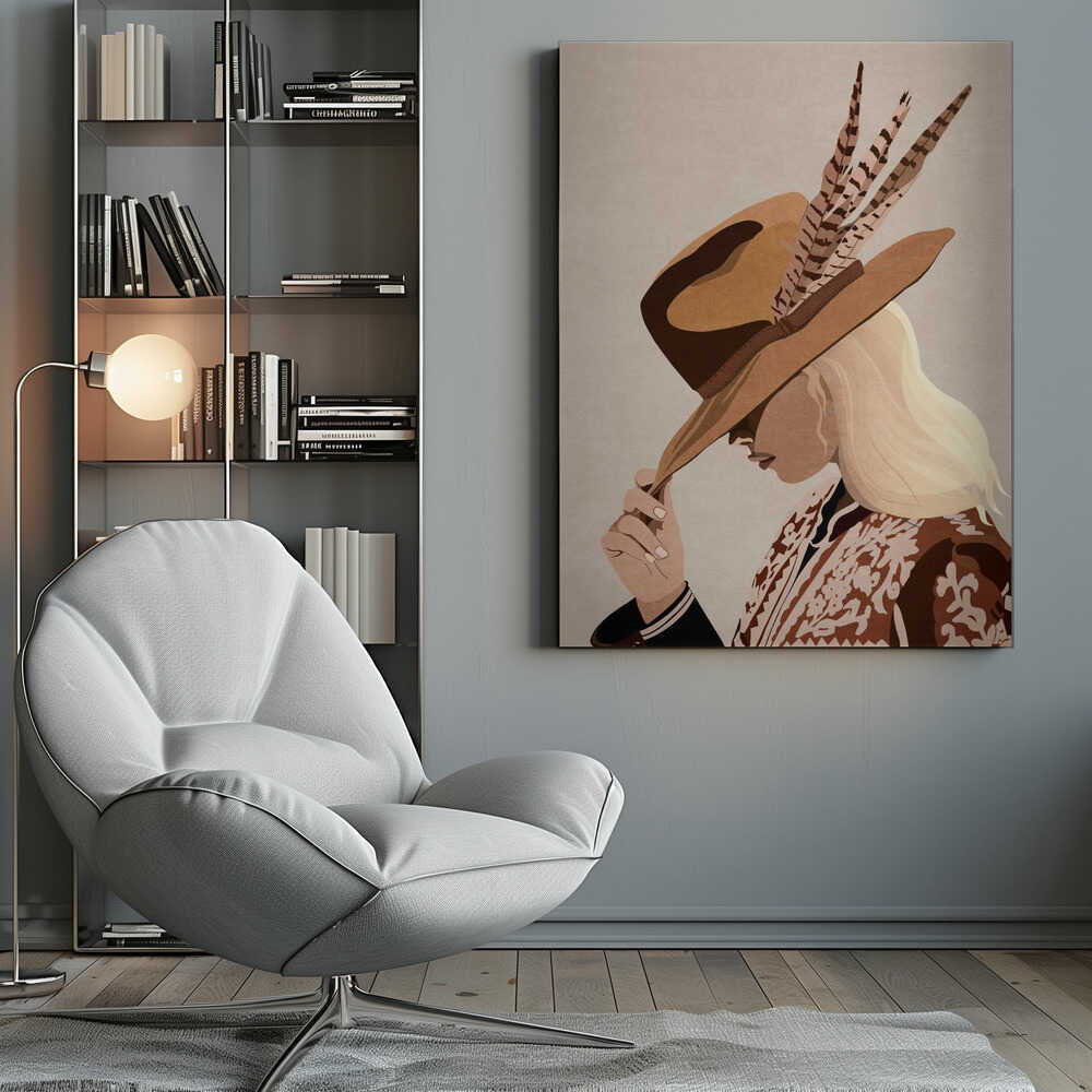 A graphic illustration of a blonde woman in profile, tipping a large brown fedora-style hat with feathers. Her face is partially obscured by the hat. She is wearing a patterned brown and white jacket over a black top against a solid light beige background. Print