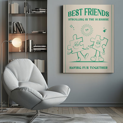 A vintage-style poster with a cream background and green artwork. At the top, it reads 'BEST FRIENDS' and 'STROLLING IN THE SUNSHINE'. The central image shows two smiling cartoon puzzle pieces with arms and legs, walking hand-in-hand under a cheerful cartoon sun. At the bottom, the text says 'HAVING FUN TOGETHER'. The artwork is enclosed in a green border and presented in a black frame. Artwork