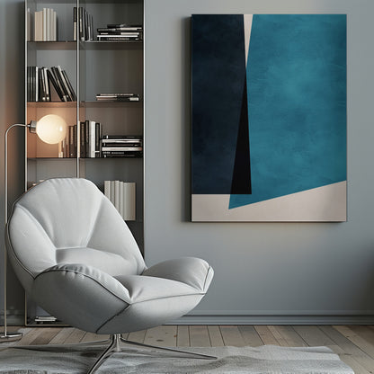 An abstract modern art piece in a black frame, featuring a color block composition of large geometric shapes in navy blue, teal, black, and off-white, with a subtle textured finish. Print