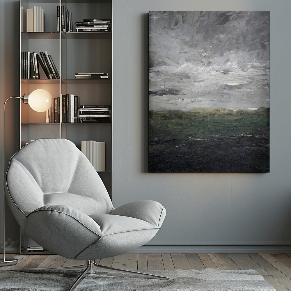 An abstract, heavily textured oil painting of a stormy landscape, enclosed in a thin black frame. The top two-thirds feature a turbulent sky rendered in thick strokes of white, light grey, and dark grey. The bottom third depicts a dark sea or landmass in shades of deep green and black, with a hint of olive at the horizon. Artwork