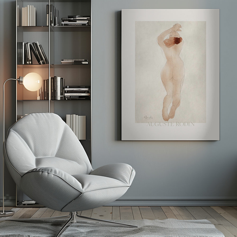 A vintage art print by Auguste Rodin featuring a watercolor and pencil sketch of a nude woman from behind. She has reddish-brown hair and her arms are raised above her head. The piece is set against an off-white background and enclosed in a black frame. Artwork